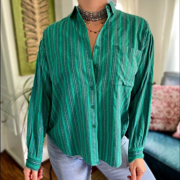 Vintage Tops - ✨SOLD ON IG✨VTG 80s Heshy II Boho Teal Striped Button Up Top L